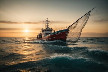 fishing ship with net on sea at sunset
