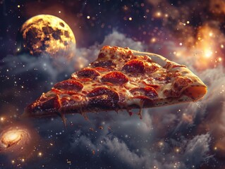 Surreal space scene with a slice of pepperoni pizza suspended against the backdrop of a glowing...