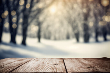 Wooden table outdoor with blurred winter forrest background. Flawless generative ai