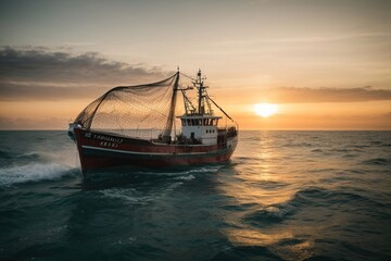fishing ship with net on sea at sunset