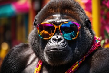 funny and colorful beautiful gorilla with sunglasses
