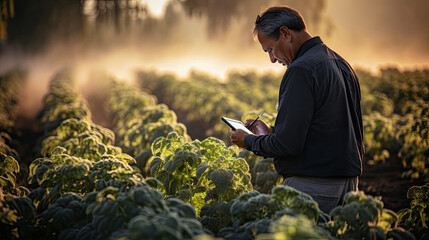 A farmer is using a digital tablet to monitor his crops in the field.
