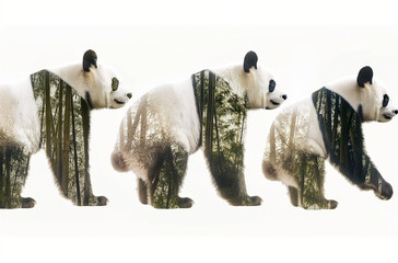 Panda bears in different poses against the background of their natural habitat, photo collage