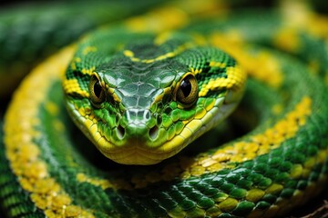 Fototapeta premium green and yellow viper snake closeup