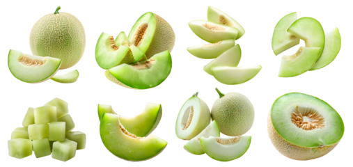 Honeydew muskmelon melon fruit, many angles and view side top front cluster stalk group cut isolated on transparent background cutout, PNG file. Mockup template for artwork graphic design	
