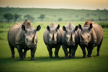 Obraz premium group of rhino are standing and looking on green valley