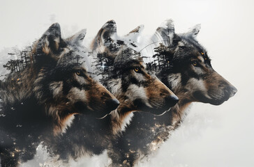 Wolves against the background of their natural habitat, photo collage
