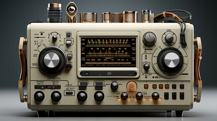 A retrofuturistic shortwave radio receiver with glowing nixie tubes and a brushed metal finish.