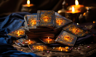 A tarot deck with lit candles behind it.