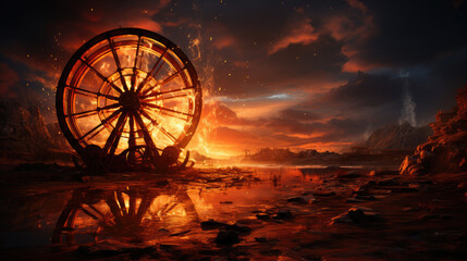 An apocalyptic landscape with a burning ferris wheel