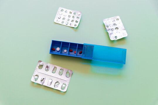 Medication management with weekly pill organizer.