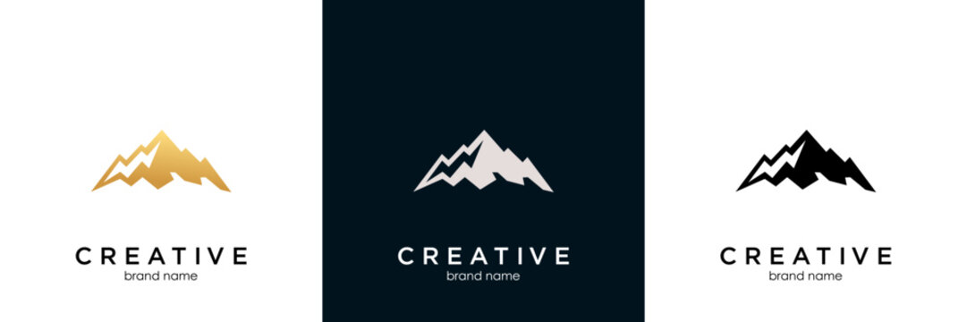 Mountain peak summit logo design. Outdoor hiking adventure icon set. Alpine wilderness travel symbol. Vector illustration.