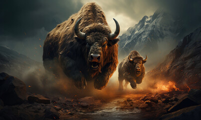 Two giant aurochs charging through a mountain pass, one in front of the other. The one in front is larger and has a more aggressive stance, while the one behind is smaller and more timid. The backgrou