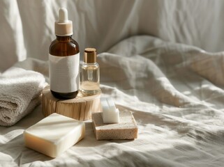 Bottle of Lotion, Soap, and Block of Soap on Bed