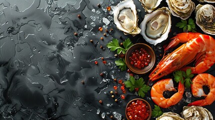 Beautiful seafood with vegetables and herbs on a dark stone background. Food advertising. Banner, menu. - obrazy, fototapety, plakaty