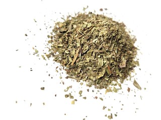 Dried tarragon leaves on a white background.