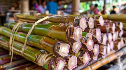 Stacked bamboo sticks on table