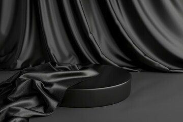 Empty black podium for promotion cosmetics with a black silk fabric with soft folds on background. Empty Beauty product mockup. Scene to show products. AI generative