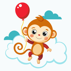 Create a white background Cute Monkey Flying With Balloon