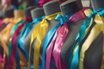 Colorful ribbons adorn mannequins in a fashion designers studio adding creativity. Concept Fashion Design, Mannequins, Studio Decor, Creative Ribbons