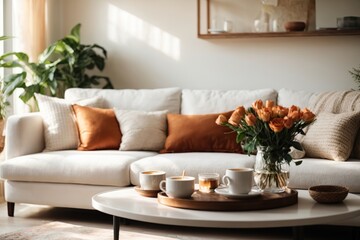 living room interior with white sofa and coffee table