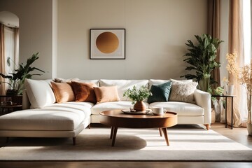 living room interior with white sofa and coffee table