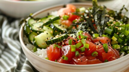Fresh salmon poke bowl with rice, cucumber, seaweed, and sesame seeds