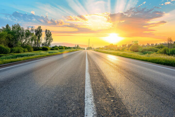 Fototapeta premium Beautiful empty asphalt road on a sunset. AI generative