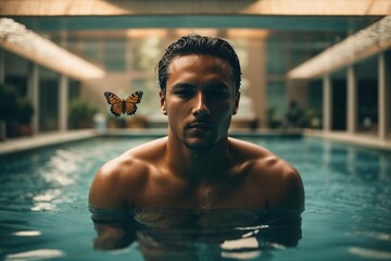 man in swimming pool Butterfly style Matte effect