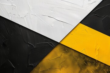Abstract geometric art with black, white, yellow, and textured paint strokes