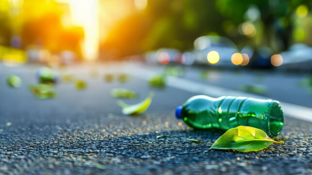 Discarded plastic bottle with green leaves on urban street at sunset