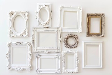 A collection of white frames with a gold frame in the middle. The frames are arranged in a row and are all different sizes