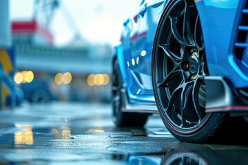 A blue car with a black rimmed tire is parked in a parking lot. The car is surrounded by a blurry background, giving the image a dreamy, ethereal quality