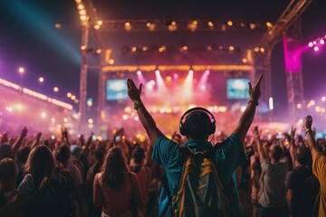 Obraz premium music festival at night with people with their backs