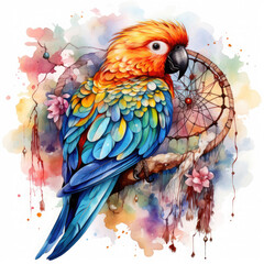 Obraz premium Watercolor Parrot & Dreamcatcher Illustration, Generative Ai