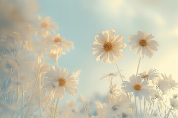 Group of Daisies in Field With Blue Sky