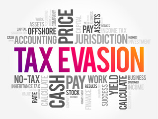 Tax Evasion is an illegal attempt to defeat the imposition of taxes by individuals, corporations, trusts, word cloud concept background