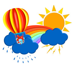 Hot air balloon flies to the sun. Blue sky with clouds, rainbow. Summer fun illustration,