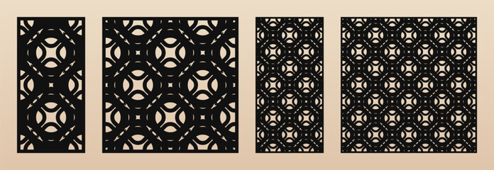 Laser cut panel design. Vector set of patterns with ornamental grid, abstract lattice, floral silhouettes. Template for CNC cutting, decorative panels of wood, metal, paper. Aspect ratio 1:2, 1:1