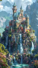 Create a digital painting of a fantasy castle, viewed from above as if flying over it, with each tower and turret meticulously detailed and the surrounding landscape stretching out into the distance 8