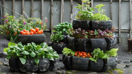Urban gardening with salvaged tire planters featuring vibrant vegetables and flowers