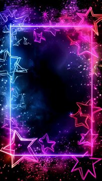 stars decorated neon glowing empty frame for text, festive shining particles, Vibrant neon border illuminated , holiday promotions, birthday announcements, and sales events with space ,seamless loop.