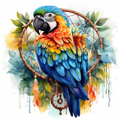 Obraz premium Watercolor Parrot & Dreamcatcher Illustration, Generative Ai