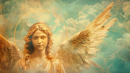 Naklejka premium angel with wings and halo on cloudy sky background digital painting