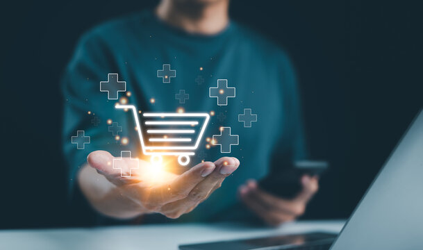 Man holding shopping cart icon surrounded by plus signs. Increase higher sale volume, shopping trolley cart for online e-commerce business, and internet marketing strategy concepts. ecommerce growth.