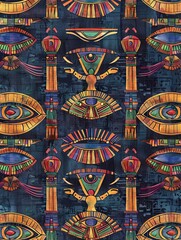 Ornate Egyptian Inspired Hieroglyphic Wallpaper with Rich Jewel Toned Repeating Composition and Expansive Blank Area for Text Overlay