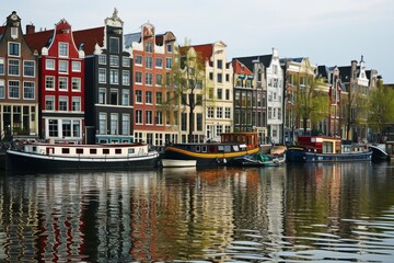 Fototapeta na wymiar Scenery of Amsterdam skyline with its typical canal houses, Ai generated
