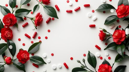 artistic composition of red camellia foliage and drug capsules on white background healthcare concept