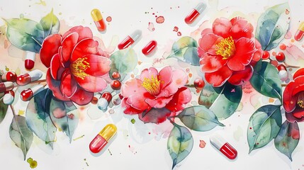artistic watercolor painting of vivid red camellia foliage and pharmaceutical capsules thoughtprovoking blend of nature and medicine conceptual illustration
