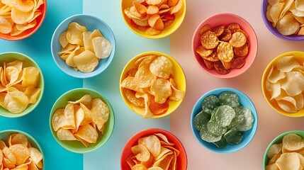 assortment of chip flavors in colorful bowls variety of snack options digital food photography